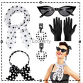 Women 1950's Costume Accessories Vintege Polka Dot Headband Necklace Chiffon Scarf Eyeglasses Earrings Set Girls Party Outfits