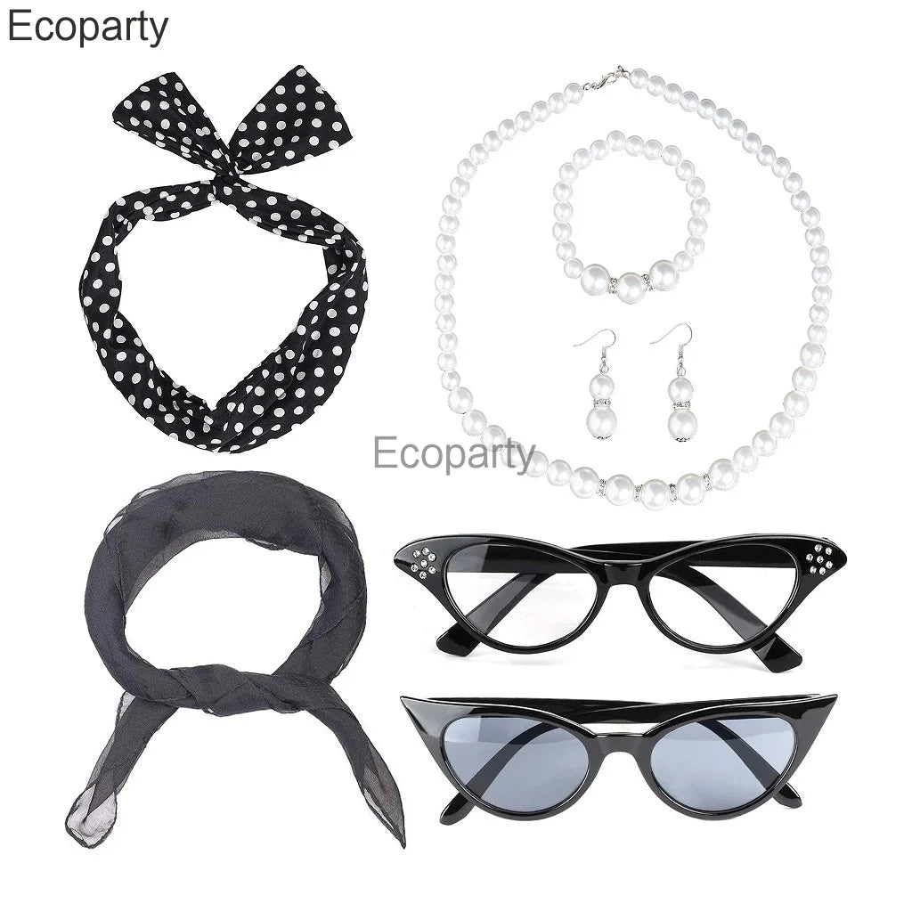 Women 1950's Costume Accessories Vintege Polka Dot Headband Necklace Chiffon Scarf Eyeglasses Earrings Set Girls Party Outfits