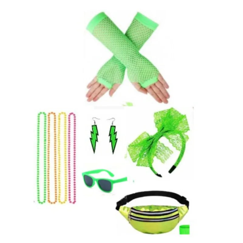 Women 1980s Dance Party Accessory Set Fanny Pack Necklace Headpiece Earrings Retro Costume Vintage Bold Festive Look