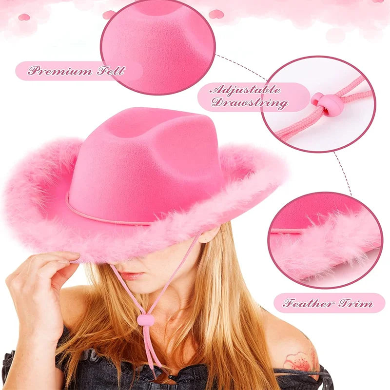 New Cowgirl Hat with Feather Boa Cowgirl Hat for Women Girl Wedding Bachelorette Party Costume Accessory