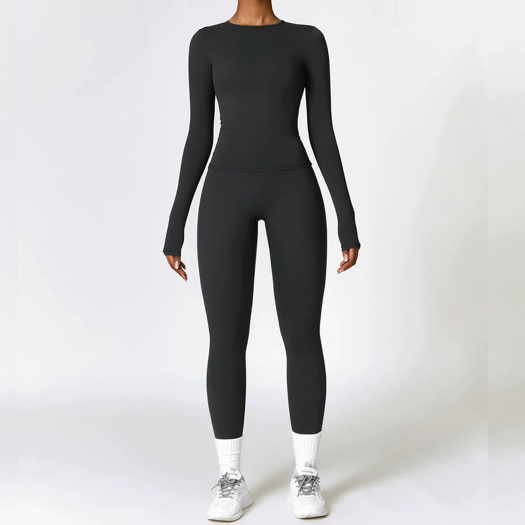 Yoga Sets Women Gym Clothing Fitness Long Sleeve Crop Tops + High Waist Leggings 2PCS Set Workout Sportswear Female Sports Suits