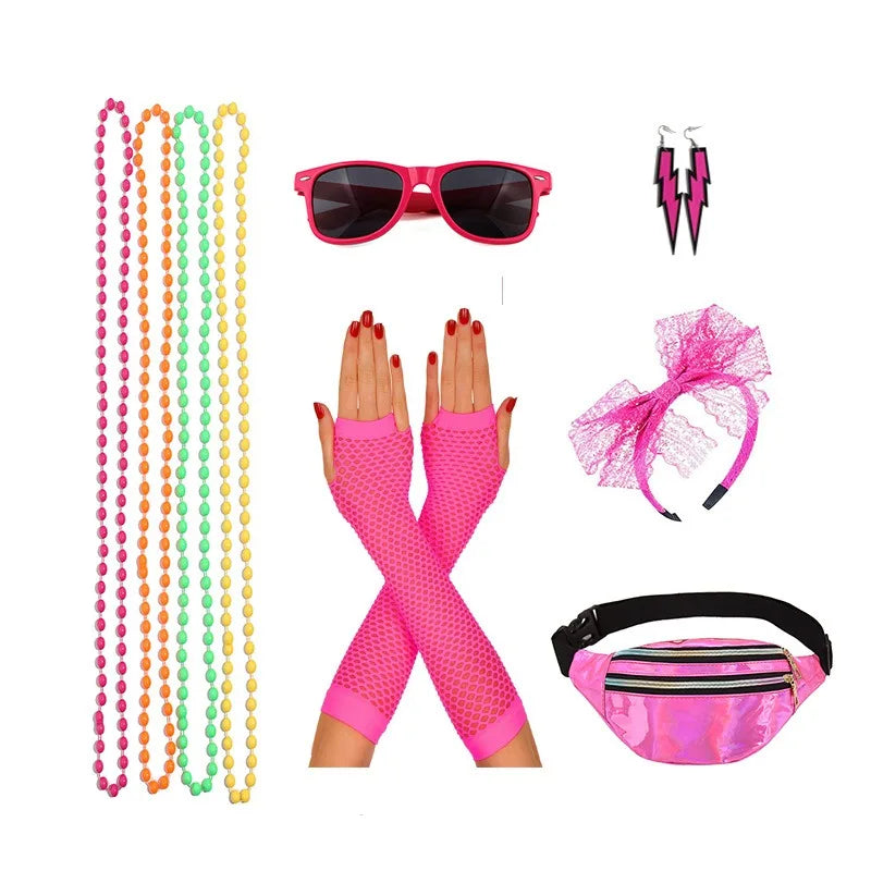 Women 1980s Dance Party Accessory Set Fanny Pack Necklace Headpiece Earrings Retro Costume Vintage Bold Festive Look