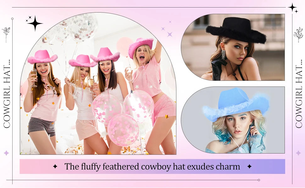 New Cowgirl Hat with Feather Boa Cowgirl Hat for Women Girl Wedding Bachelorette Party Costume Accessory